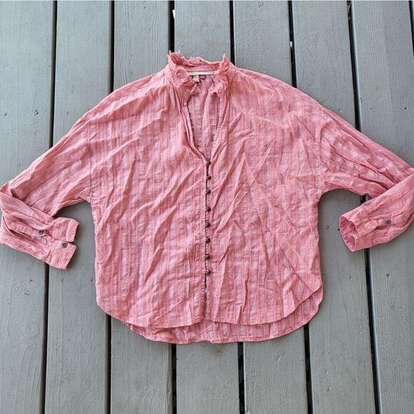 Anthro Pilcro Tavi Button Front Shirt Long Sleeve Collar Round Metallic Stripe S - Picture 1 of 6
